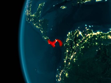 Panama çok detaylı yüzey dokuları ile gece Dünya gezegeninin yörüngeden. 3D çizim. Nasa tarafından döşenmiş bu görüntü unsurları.