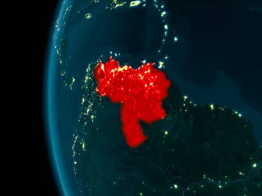 Venezuela son derece detaylı yüzey dokuları ile gece Dünya gezegeninin yörüngeden. 3D çizim. Nasa tarafından döşenmiş bu görüntü unsurları.
