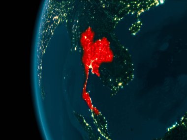 Tayland son derece detaylı yüzey dokuları ile gece Dünya gezegeninin yörüngeden. 3D çizim. Nasa tarafından döşenmiş bu görüntü unsurları.