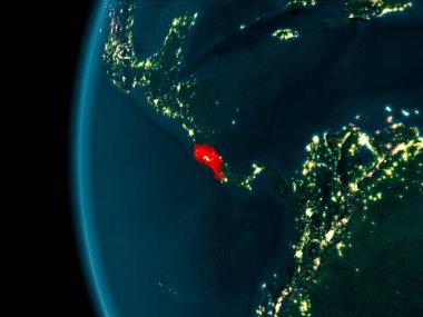 Son derece detaylı yüzey dokuları ile gece Dünya gezegeninin yörüngeden Kosta Rika. 3D çizim. Nasa tarafından döşenmiş bu görüntü unsurları.