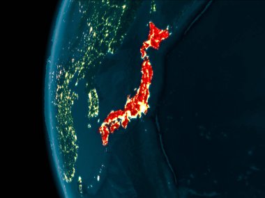 Dünya gezegeninin yörüngesinden son derece detaylı yüzey dokuları ile gece Japonya. 3D çizim. Nasa tarafından döşenmiş bu görüntü unsurları.