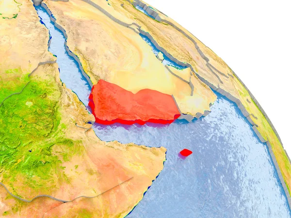 Glob görünür ülke sınırları ve okyanusların su ile gerçekçi yüzeyli kırmızı vurgulanır Yemen Illustration. 3D çizim. Nasa tarafından döşenmiş bu görüntü unsurları.