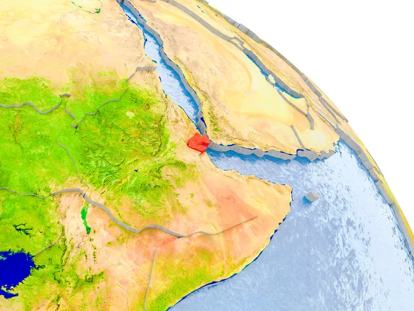 Illustration of Djibouti highlighted in red on glob with realistic surface with visible country borders, and water in the oceans. 3D illustration. Elements of this image furnished by NASA.
