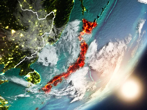 Japan from space with highly detailed surface textures and visible country borders. 3D illustration. Elements of this image furnished by NASA.