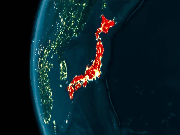 Dünya gezegeninin yörüngesinden son derece detaylı yüzey dokuları ile gece Japonya. 3D çizim. Nasa tarafından döşenmiş bu görüntü unsurları.