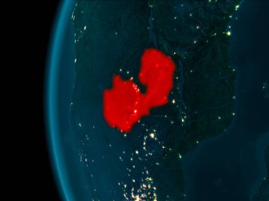 Son derece detaylı yüzey dokuları ile gece Dünya gezegeninin yörüngeden Zambiya. 3D çizim. Nasa tarafından döşenmiş bu görüntü unsurları.