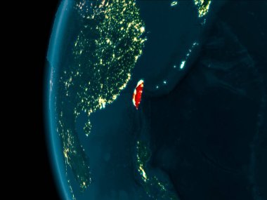 Tayvan son derece detaylı yüzey dokuları ile gece Dünya gezegeninin yörüngeden. 3D çizim. Nasa tarafından döşenmiş bu görüntü unsurları.