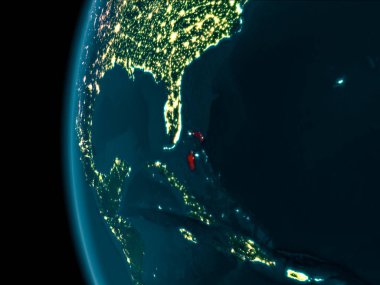 Bahamalar son derece detaylı yüzey dokuları ile gece Dünya gezegeninin yörüngeden. 3D çizim. Nasa tarafından döşenmiş bu görüntü unsurları.