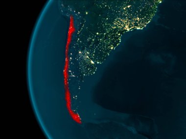 Şili'den son derece detaylı yüzey dokuları ile gece Dünya gezegeninin yörüngesinde. 3D çizim. Nasa tarafından döşenmiş bu görüntü unsurları.