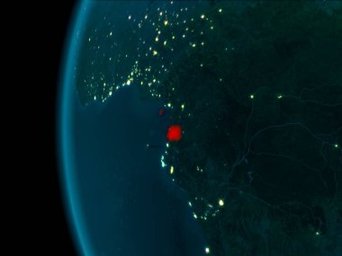 Ekvator Ginesi son derece detaylı yüzey dokuları ile gece Dünya gezegeninin yörüngeden. 3D çizim. Nasa tarafından döşenmiş bu görüntü unsurları.