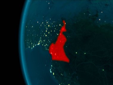 Kamerun son derece detaylı yüzey dokuları ile gece Dünya gezegeninin yörüngeden. 3D çizim. Nasa tarafından döşenmiş bu görüntü unsurları.