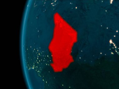 Son derece detaylı yüzey dokuları ile gece Dünya gezegeninin yörüngeden Chad. 3D çizim. Nasa tarafından döşenmiş bu görüntü unsurları.