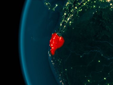 Son derece detaylı yüzey dokuları ile gece Dünya gezegeninin yörüngeden Ekvador. 3D çizim. Nasa tarafından döşenmiş bu görüntü unsurları.