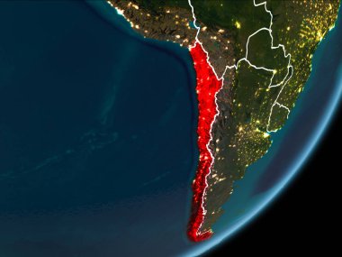 Planet Earth Earth yörüngeden geceleri görüldüğü gibi Şili kırmızı görünür Kenarlıklar ve şehir ışıkları vurgulanır. 3D çizim. Nasa tarafından döşenmiş bu görüntü unsurları.