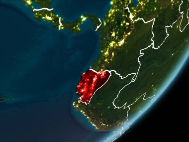 Planet Earth Earth yörüngeden geceleri görüldüğü gibi Ekvator kırmızı görünür Kenarlıklar ve şehir ışıkları vurgulanır. 3D çizim. Nasa tarafından döşenmiş bu görüntü unsurları.