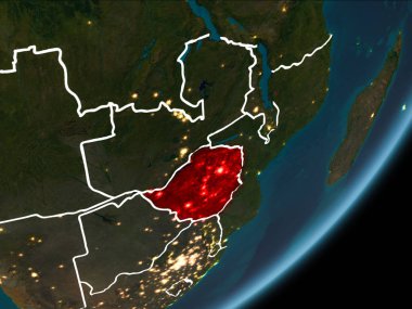 Planet Earth Earth yörüngeden geceleri görüldüğü gibi Zimbabve kırmızı görünür Kenarlıklar ve şehir ışıkları vurgulanır. 3D çizim. Nasa tarafından döşenmiş bu görüntü unsurları.