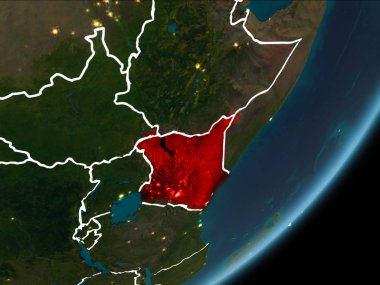 Planet Earth Earth yörüngeden geceleri görüldüğü gibi Kenya kırmızı görünür Kenarlıklar ve şehir ışıkları vurgulanır. 3D çizim. Nasa tarafından döşenmiş bu görüntü unsurları.