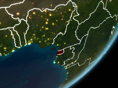 Ekvator Ginesi Planet Earth Earth yörüngeden geceleri görüldüğü gibi kırmızı görünür Kenarlıklar ve şehir ışıkları vurgulanır. 3D çizim. Nasa tarafından döşenmiş bu görüntü unsurları.