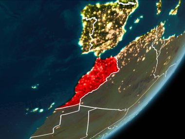 Planet Earth Earth yörüngeden geceleri görüldüğü gibi Fas kırmızı görünür Kenarlıklar ve şehir ışıkları vurgulanır. 3D çizim. Nasa tarafından döşenmiş bu görüntü unsurları.