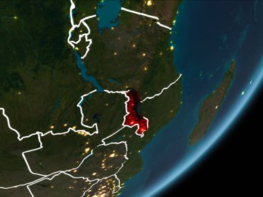 Planet Earth Earth yörüngeden geceleri görüldüğü gibi Malavi kırmızı görünür Kenarlıklar ve şehir ışıkları vurgulanır. 3D çizim. Nasa tarafından döşenmiş bu görüntü unsurları.