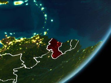 Planet Earth Earth yörüngeden geceleri görüldüğü gibi Guyana kırmızı görünür Kenarlıklar ve şehir ışıkları vurgulanır. 3D çizim. Nasa tarafından döşenmiş bu görüntü unsurları.