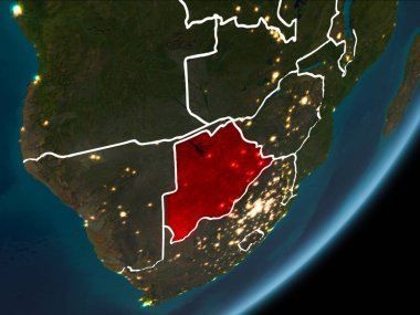 Planet Earth Earth yörüngeden geceleri görüldüğü gibi Botsvana kırmızı görünür Kenarlıklar ve şehir ışıkları vurgulanır. 3D çizim. Nasa tarafından döşenmiş bu görüntü unsurları.