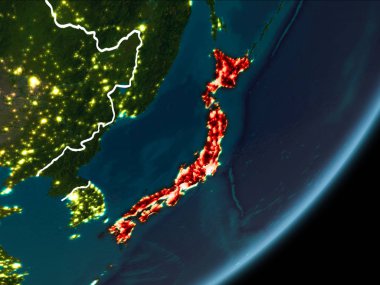 Planet Earth Earth yörüngeden geceleri görüldüğü gibi Japonya kırmızı görünür Kenarlıklar ve şehir ışıkları vurgulanır. 3D çizim. Nasa tarafından döşenmiş bu görüntü unsurları.
