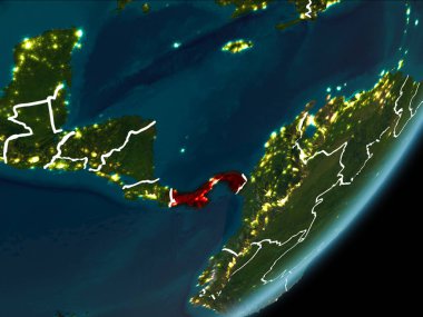Planet Earth Earth yörüngeden geceleri görüldüğü gibi Panama kırmızı görünür Kenarlıklar ve şehir ışıkları vurgulanır. 3D çizim. Nasa tarafından döşenmiş bu görüntü unsurları.