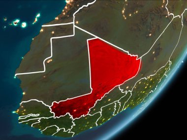 Planet Earth Earth yörüngeden geceleri görüldüğü gibi Mali kırmızı görünür Kenarlıklar ve şehir ışıkları vurgulanır. 3D çizim. Nasa tarafından döşenmiş bu görüntü unsurları.