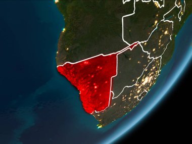 Planet Earth Earth yörüngeden geceleri görüldüğü gibi Namibya kırmızı görünür Kenarlıklar ve şehir ışıkları vurgulanır. 3D çizim. Nasa tarafından döşenmiş bu görüntü unsurları.