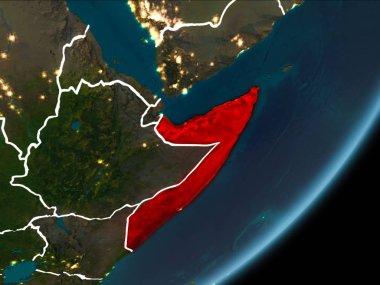 Planet Earth Earth yörüngeden geceleri görüldüğü gibi Somali kırmızı görünür Kenarlıklar ve şehir ışıkları vurgulanır. 3D çizim. Nasa tarafından döşenmiş bu görüntü unsurları.