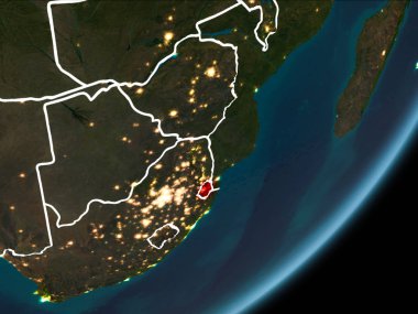 Planet Earth Earth yörüngeden geceleri görüldüğü gibi Svaziland kırmızı görünür Kenarlıklar ve şehir ışıkları vurgulanır. 3D çizim. Nasa tarafından döşenmiş bu görüntü unsurları.