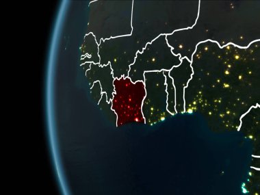 Fildişi Sahili görünümünü yörünge kırmızı görünür sınır çizgileri ve şehir ışıkları Planet Earth geceleri altını çizdi. 3D çizim. Nasa tarafından döşenmiş bu görüntü unsurları.