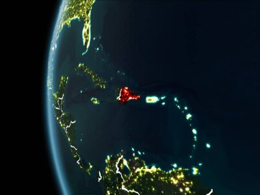 Yörünge görünümü Dominik Cumhuriyeti kırmızı görünür sınır çizgileri ve şehir ışıkları Planet Earth geceleri altını çizdi. 3D çizim. Nasa tarafından döşenmiş bu görüntü unsurları.