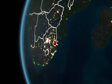 Svaziland görünümünü yörünge kırmızı görünür sınır çizgileri ve şehir ışıkları Planet Earth geceleri altını çizdi. 3D çizim. Nasa tarafından döşenmiş bu görüntü unsurları.