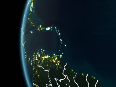 Yörünge görünümü Karayipler kırmızı görünür sınır çizgileri ve şehir ışıkları Planet Earth geceleri altını çizdi. 3D çizim. Nasa tarafından döşenmiş bu görüntü unsurları.