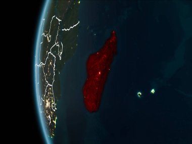 Madagaskar görünümünü yörünge kırmızı görünür sınır çizgileri ve şehir ışıkları Planet Earth geceleri altını çizdi. 3D çizim. Nasa tarafından döşenmiş bu görüntü unsurları.