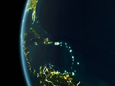 Yörünge görünümü Porto Riko kırmızı görünür sınır çizgileri ve şehir ışıkları Planet Earth geceleri altını çizdi. 3D çizim. Nasa tarafından döşenmiş bu görüntü unsurları.