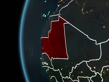 Yörünge görünümü Moritanya kırmızı görünür sınır çizgileri ve şehir ışıkları Planet Earth geceleri altını çizdi. 3D çizim. Nasa tarafından döşenmiş bu görüntü unsurları.