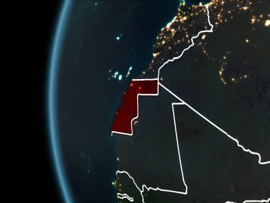 Batı Sahra görünümünü yörünge kırmızı görünür sınır çizgileri ve şehir ışıkları Planet Earth geceleri altını çizdi. 3D çizim. Nasa tarafından döşenmiş bu görüntü unsurları.