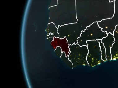 Orbit view of Guinea highlighted in red with visible borderlines and city lights on planet Earth at night. 3D illustration. Elements of this image furnished by NASA.