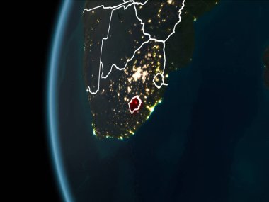 Lesotho görünümünü yörünge kırmızı görünür sınır çizgileri ve şehir ışıkları Planet Earth geceleri altını çizdi. 3D çizim. Nasa tarafından döşenmiş bu görüntü unsurları.