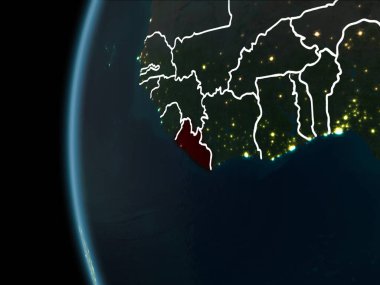 Liberya görünümünü yörünge kırmızı görünür sınır çizgileri ve şehir ışıkları Planet Earth geceleri altını çizdi. 3D çizim. Nasa tarafından döşenmiş bu görüntü unsurları.
