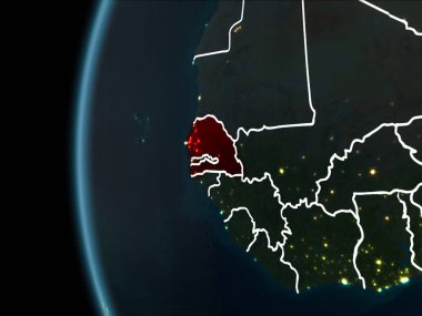 Yörünge görünümü Senegal kırmızı görünür sınır çizgileri ve şehir ışıkları Planet Earth geceleri altını çizdi. 3D çizim. Nasa tarafından döşenmiş bu görüntü unsurları.