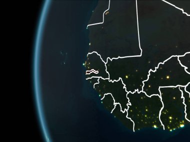 Gambiya görünümünü yörünge kırmızı görünür sınır çizgileri ve şehir ışıkları Planet Earth geceleri altını çizdi. 3D çizim. Nasa tarafından döşenmiş bu görüntü unsurları.