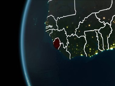 Yörünge görünümü Sierra Leone kırmızı görünür sınır çizgileri ve şehir ışıkları Planet Earth geceleri altını çizdi. 3D çizim. Nasa tarafından döşenmiş bu görüntü unsurları.