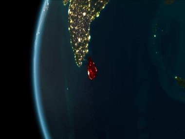 Yörünge görünümü Sri Lanka'nın kırmızı görünür sınır çizgileri ve şehir ışıkları Planet Earth geceleri altını çizdi. 3D çizim. Nasa tarafından döşenmiş bu görüntü unsurları.