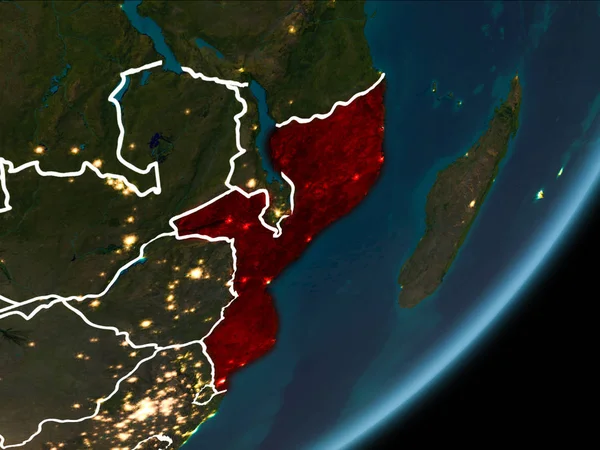Mozambique as seen from Earth orbit on planet Earth at night highlighted in red with visible borders and city lights. 3D illustration. Elements of this image furnished by NASA.