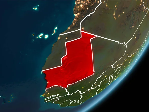从地球轨道上看到的毛里塔尼亚晚上在地球上被突出的红色与可见的边界和城市灯光 Nasa 提供的这个图像的元素 — 图库照片