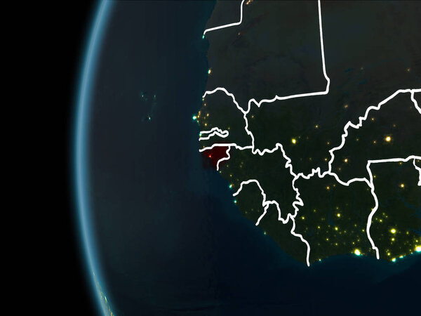 Orbit view of Guinea-Bissau highlighted in red with visible borderlines and city lights on planet Earth at night. 3D illustration. Elements of this image furnished by NASA.
